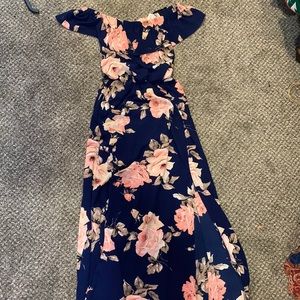 Off the shoulder navy and floral maxi dress. SIZE 6.